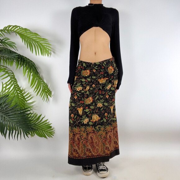 Vintage 90s Black Floral Paisley Cottagecore Fairy Grunge Boho Midi Skirt / 12 - Picture 4 of 6